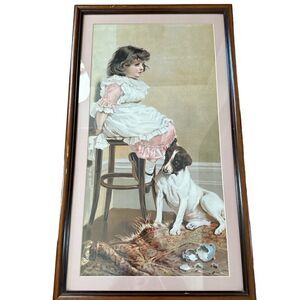 Victorian Lithograph Print Picture frame"Faithful Friend" Girl And Puppy Dog